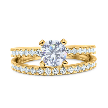 14K Yellow Gold Two Piece Solitaire Accent Round Bridal Set Ring Wedding Engagement Band Simulated CZ Size 7